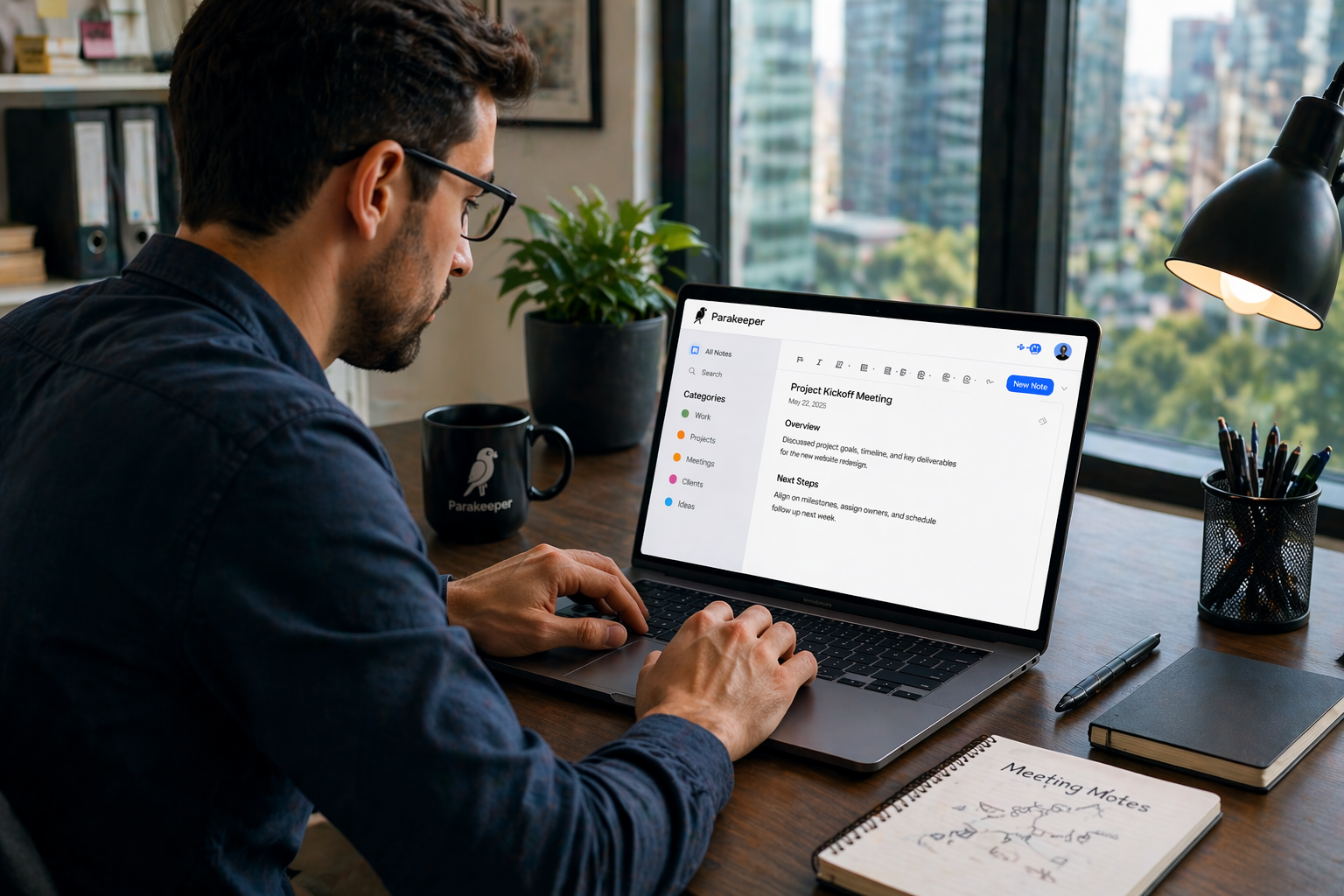 Professional using Parakeeper for meetings, tasks, and project notes